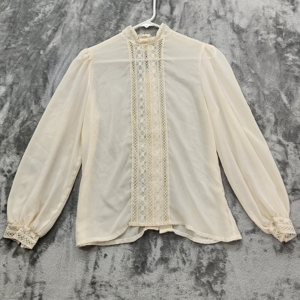 Vintage 80s Lisa Evans Top Women 10 Ivory Chiffon High Neck Lace Overlay Western